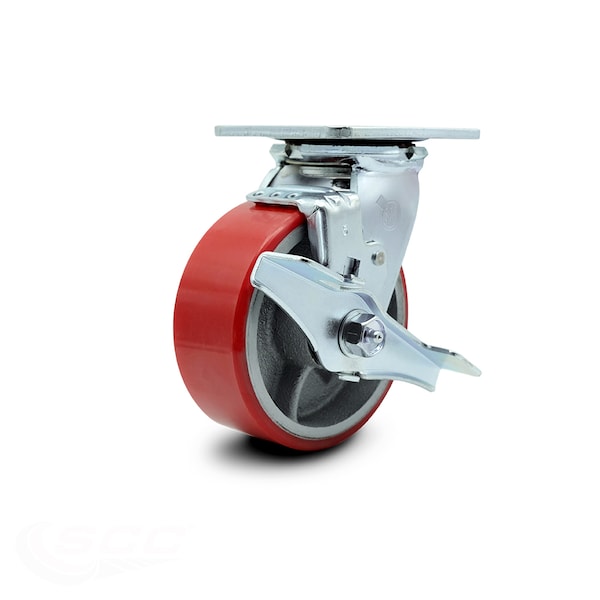 5 Inch Red Poly on Cast Iron Swivel Caster with Ball Bearing and Brake SCC